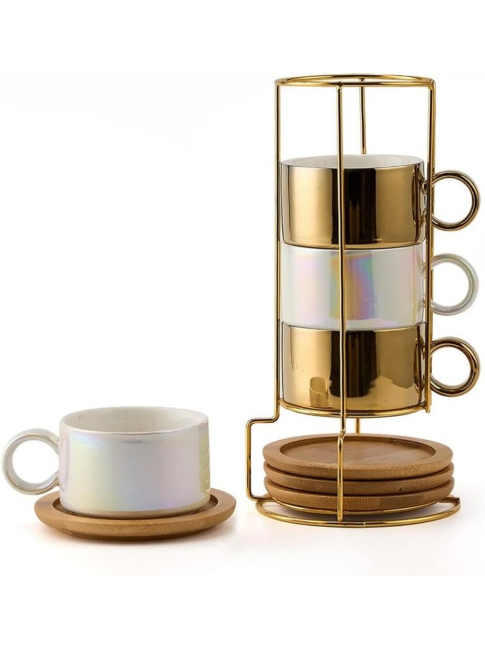 Elegant Stackable Porcelain Espresso Cups Set of 4 - 6oz Ceramic Mugs with